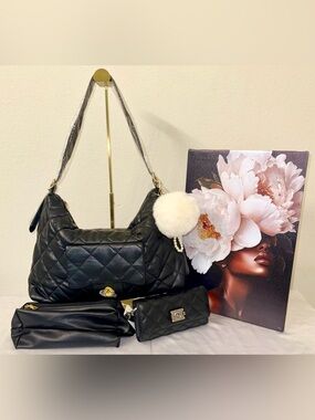 4Fer! - Black Quilted Hobo Shoulder Bag w/ Makeup Pouch, Wallet & Charm